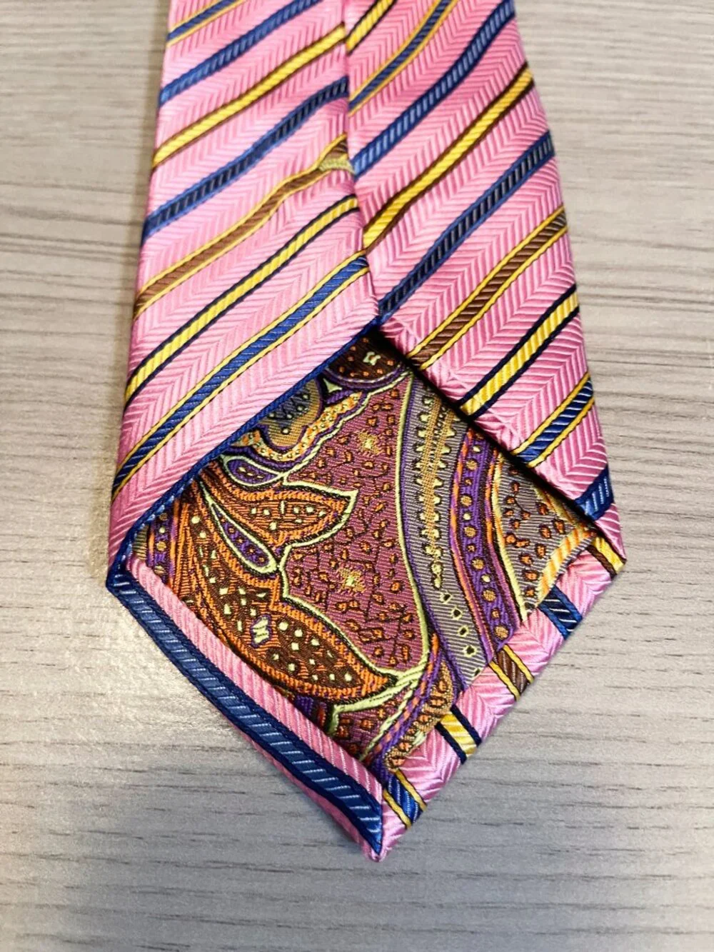 True Forum Pink Blue Gold Striped 100% Silk Men's Necktie Classic Business Tie